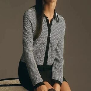 Maeve By Anthropologie Plunging Polo Cardigan Black/White Womens Size Small